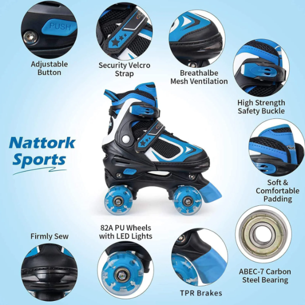 Roller Skates for Boys Girls Kids 4 Sizes Adjustable Quad Skates with Illuminating Wheels Black - Blue or Green - Available Size S - Image 8