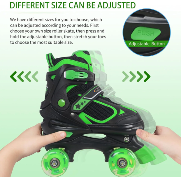 Roller Skates for Boys Girls Kids 4 Sizes Adjustable Quad Skates with Illuminating Wheels Black - Blue or Green - Available Size S - Image 10